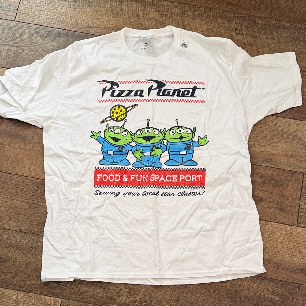 Disney White Pizza Planet Tee with Green and Blue Aliens